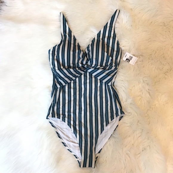 Old Navy Teal Striped Twist-Front One-Piece Swimsuit - Picture 6 of 11